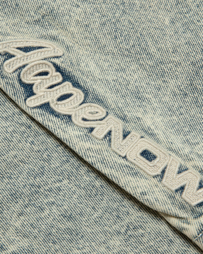 AAPENOW moonface logo denim shorts