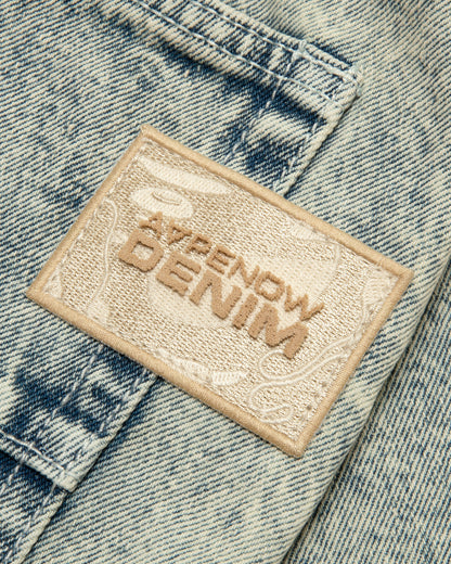 AAPENOW moonface logo denim shorts